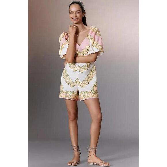 Farm Rio V-Neck Puff-Sleeves Linen Blend Romper Size M Banana Yellow Ivory - Picture 2 of 4